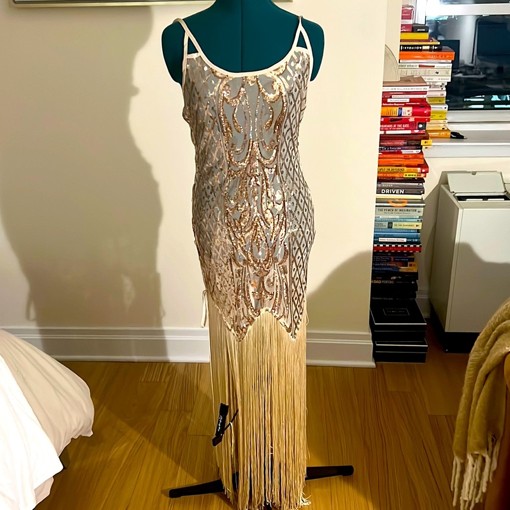 See through bedazzled flare rose gold dress